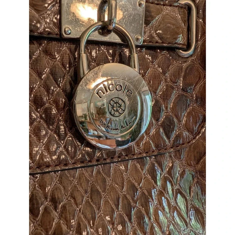 Vintage Y2K Nicole Miller Crocodile Shoulder Bag Brown Padlock Satchel